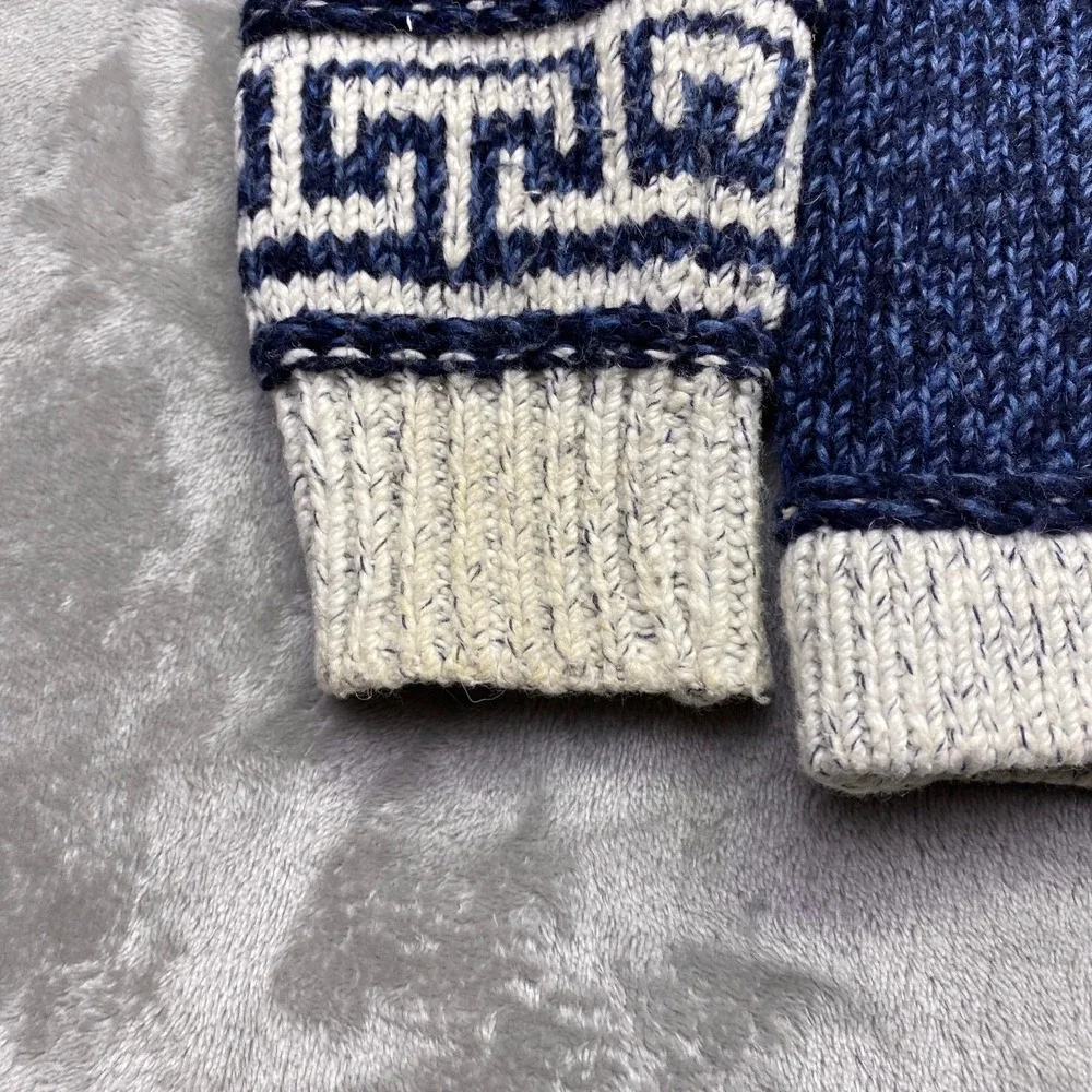 Vintage‎ Portugal Wool Blend Full Zip Greek Key Cardigan Sweater Blue White